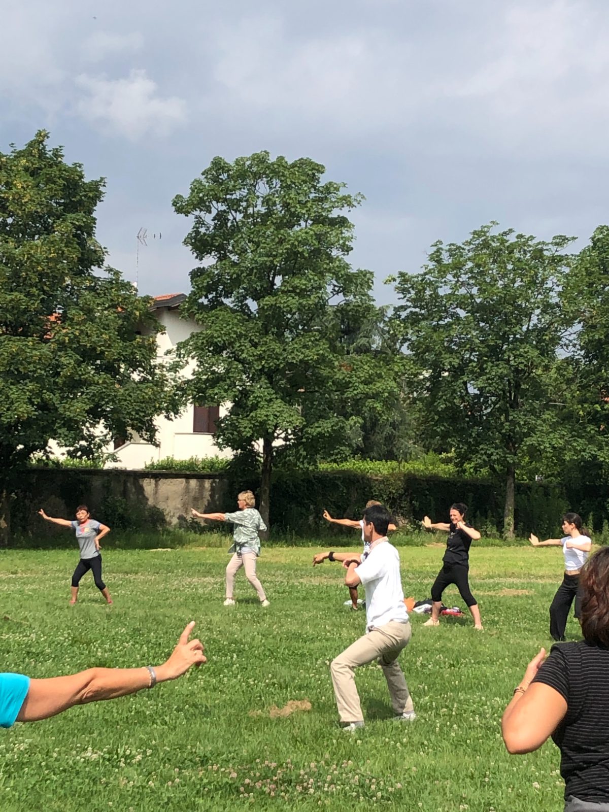 Italian students following Master Lo, extending their arms through a qigong form