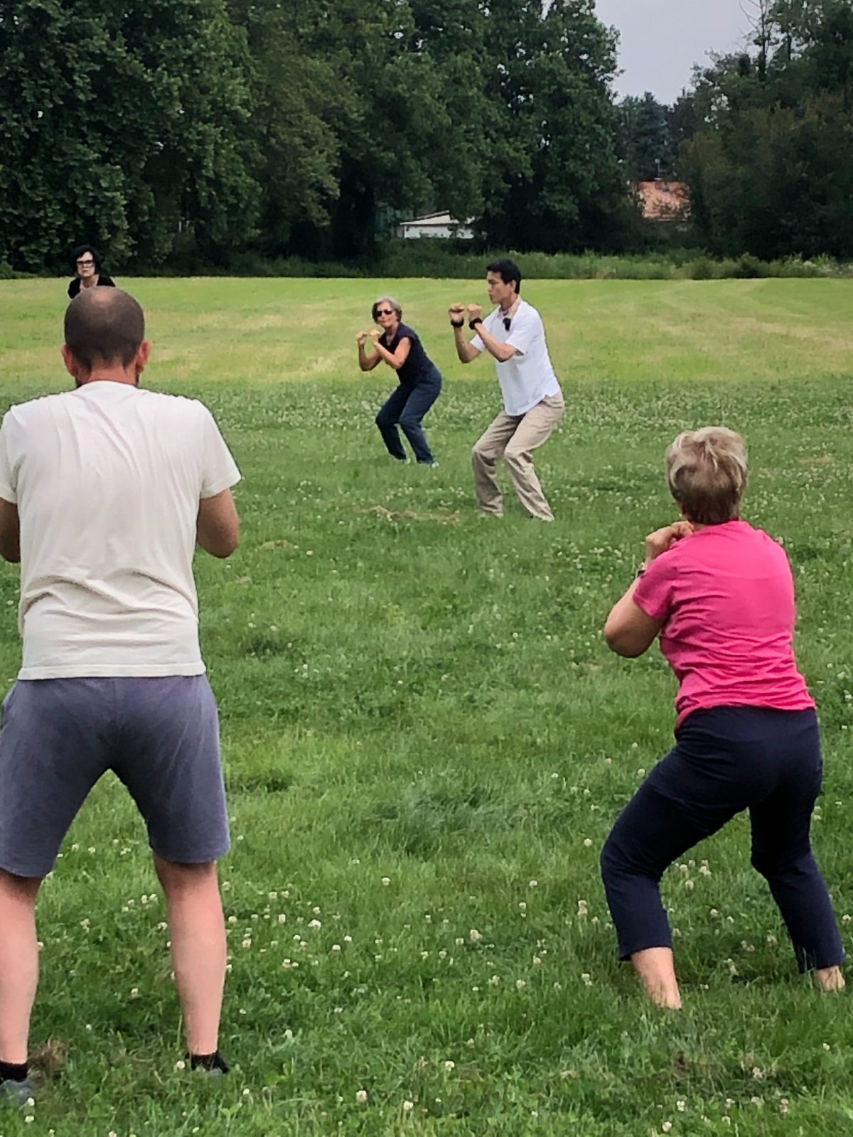 Italian students practising White Crane horse-stance on the grass
