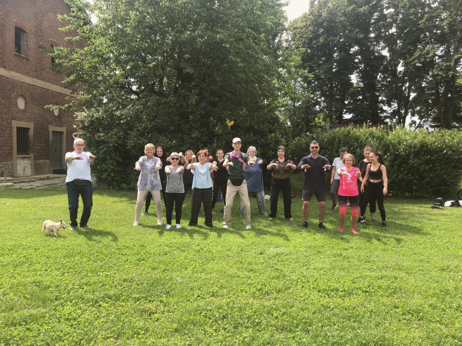 Master Lo and Italian students practising qigong together on the grass at Monza Park